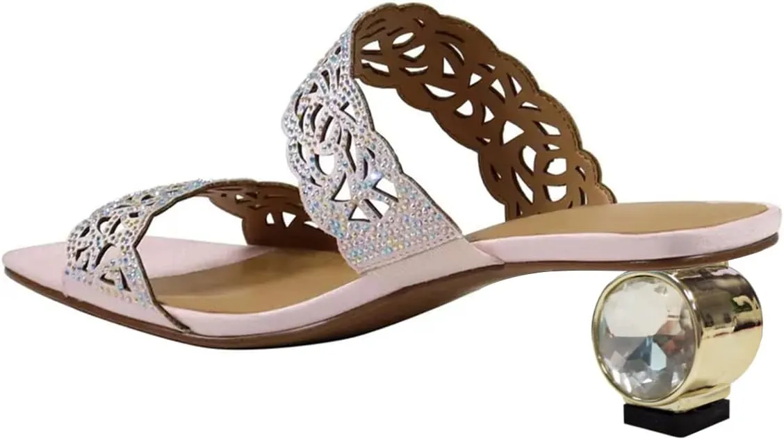 FSJ Women Stylish Cutout Open Toe Mules Slip On Round Crystal Low Heel Prom Evening Dress Slide Sandals Size 4-15 US
