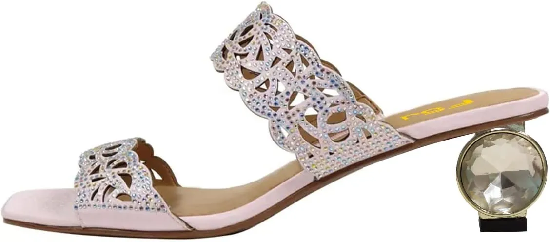 FSJ Women Stylish Cutout Open Toe Mules Slip On Round Crystal Low Heel Prom Evening Dress Slide Sandals Size 4-15 US