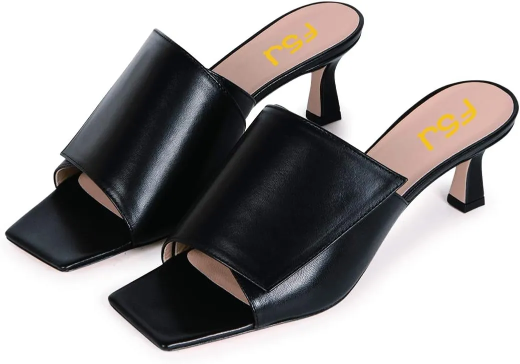 FSJ Women Vintage Slip-on Sandals Mules Open Toe Slide Slipper Low Heel Leather Pumps Backless Ladies Girls Party Prom Dress Shoes Size 4-15 US
