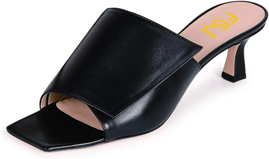 FSJ Women Vintage Slip-on Sandals Mules Open Toe Slide Slipper Low Heel Leather Pumps Backless Ladies Girls Party Prom Dress Shoes Size 4-15 US