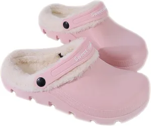 Garden Clogs Fuzzy for House : Women Men Warm Fur Lined Slippers for Winter Unisex Non-Slip Mules for Indoor Outdoor Pink