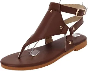 Gladiator Flat Sandal for Women Fashion Snakeskin Print Thong Strap Buckle Clip Toe Studded Roman Shoes Summer Comfortable Casual Beach Shoes