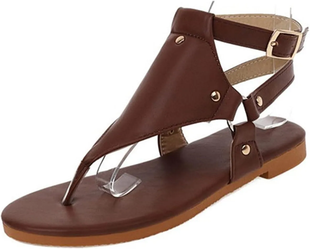 Gladiator Flat Sandal for Women Fashion Snakeskin Print Thong Strap Buckle Clip Toe Studded Roman Shoes Summer Comfortable Casual Beach Shoes