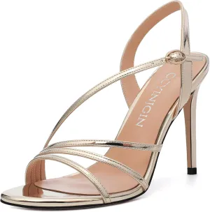 Gold Strappy Heels for Women, Sex Women's High Heels Open Toe Stilettos Strappy Ankle Strap Sandals Comfort Dress Party Shoes