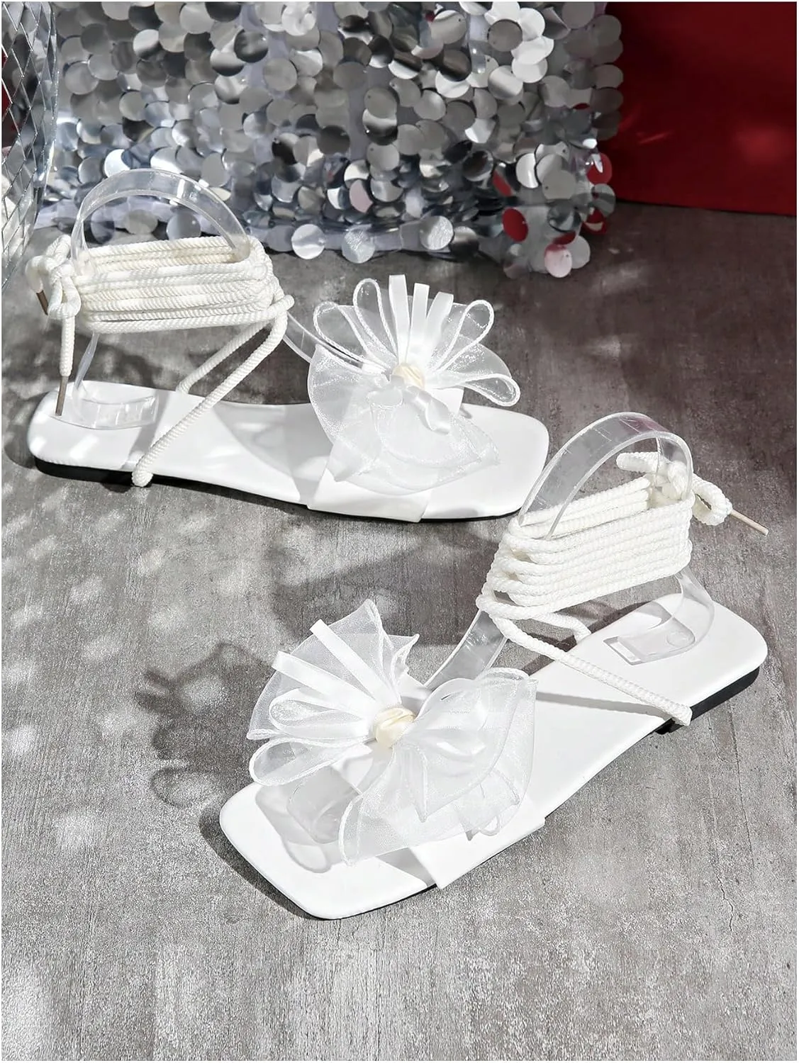 GORGLITTER Women's Bow Lace Up Gladiator Sandals Cute Tie Up Dressy Wedding Shoes