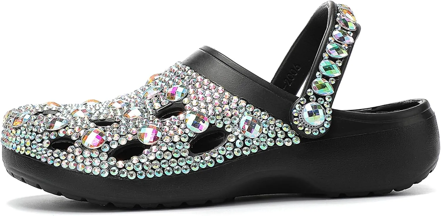 Hanfike Womens Casual Fashion Slide Mules with Rhinestone Closed Toe Comfort Flats