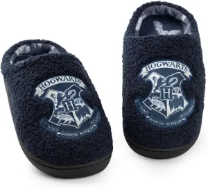 Harry Potter Womens Slippers | Hogwarts Emblem Logo Indoor Fur Mules for Ladies in Blue Slip On House Shoes for Adults