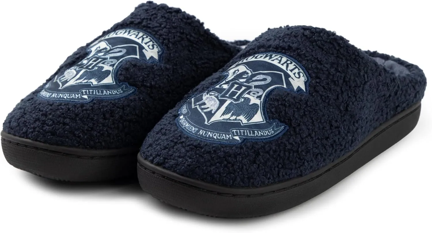 Harry Potter Womens Slippers | Hogwarts Emblem Logo Indoor Fur Mules for Ladies in Blue Slip On House Shoes for Adults
