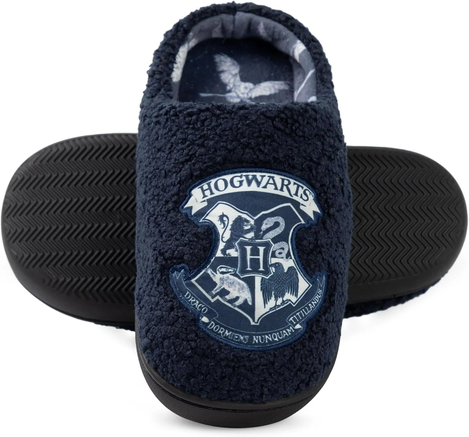 Harry Potter Womens Slippers | Hogwarts Emblem Logo Indoor Fur Mules for Ladies in Blue Slip On House Shoes for Adults