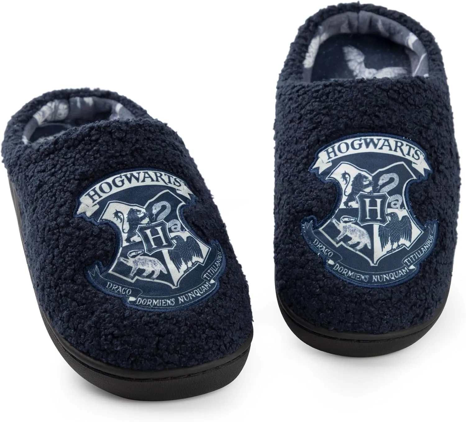 Harry Potter Womens Slippers | Hogwarts Emblem Logo Indoor Fur Mules for Ladies in Blue Slip On House Shoes for Adults