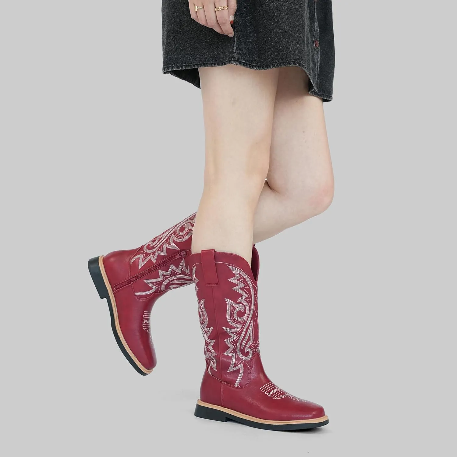 Hawkwell Women's Cowboy Cowgirl Boots Square Toe Side Zipper Embroidered Low Heel Dress Western Mid Calf Boot