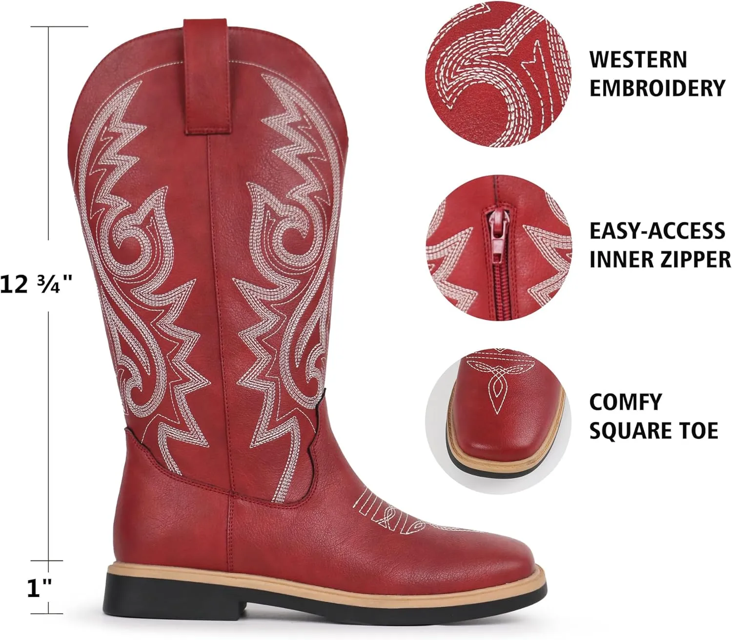 Hawkwell Women's Cowboy Cowgirl Boots Square Toe Side Zipper Embroidered Low Heel Dress Western Mid Calf Boot