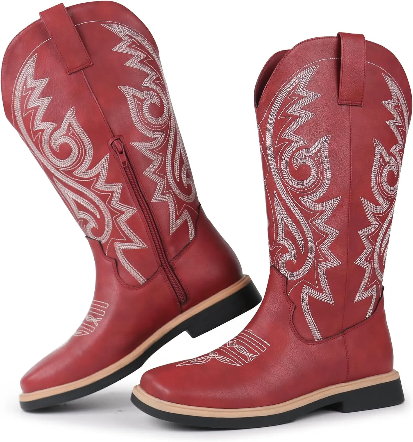 Hawkwell Women's Cowboy Cowgirl Boots Square Toe Side Zipper Embroidered Low Heel Dress Western Mid Calf Boot