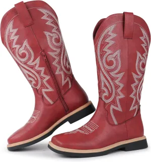 Hawkwell Women's Cowboy Cowgirl Boots Square Toe Side Zipper Embroidered Low Heel Dress Western Mid Calf Boot