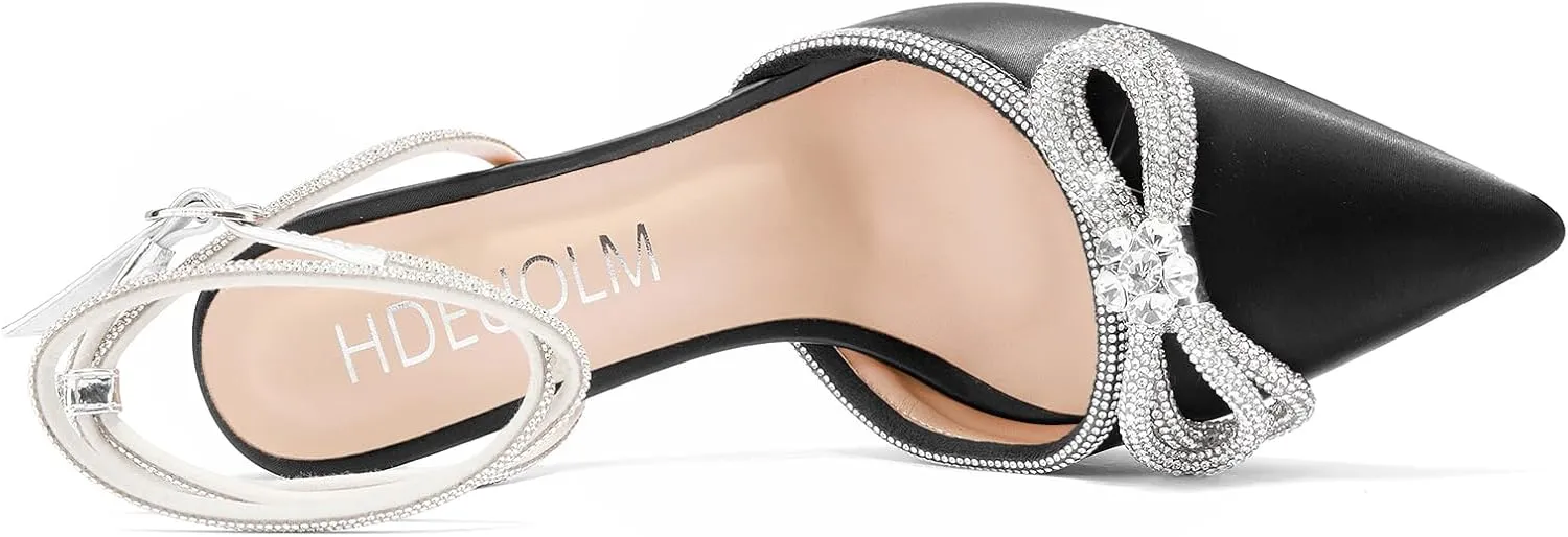 HDEUOLM Womens Stiletto High Heel Pointed Toe Sandals Pumps Ankle Strap Rhinestone Crystal Bow-knot Wedding Cute Satin Summer 3.9 Inches Heels