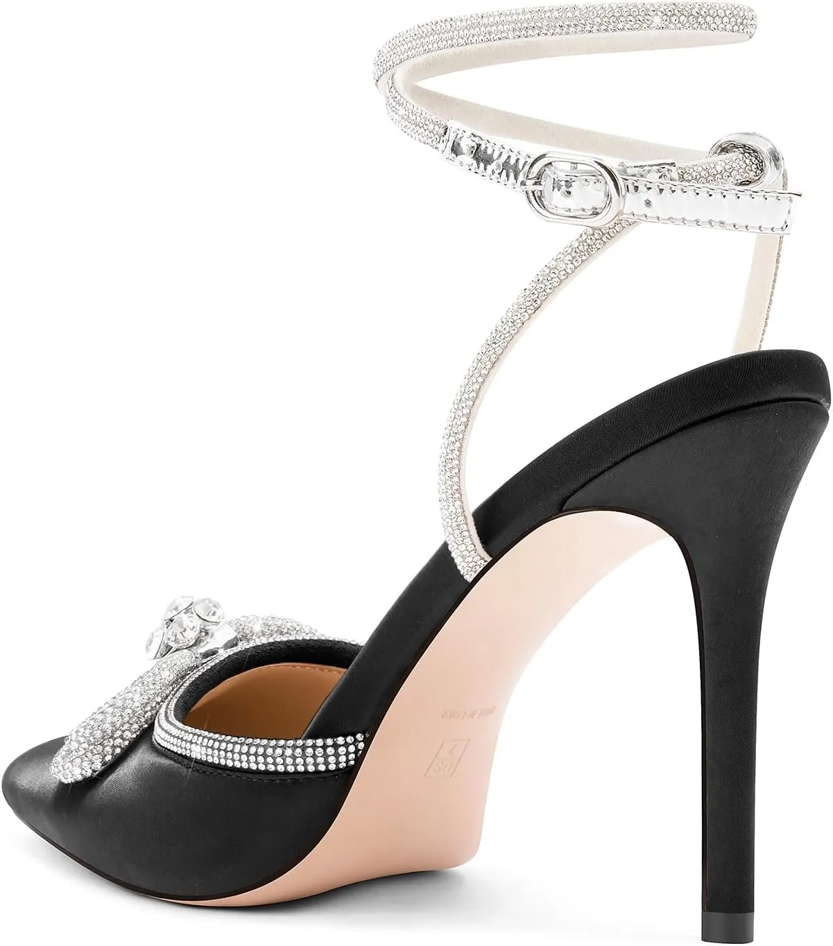 HDEUOLM Womens Stiletto High Heel Pointed Toe Sandals Pumps Ankle Strap Rhinestone Crystal Bow-knot Wedding Cute Satin Summer 3.9 Inches Heels