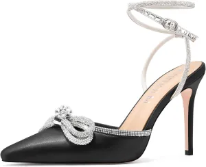 HDEUOLM Womens Stiletto High Heel Pointed Toe Sandals Pumps Ankle Strap Rhinestone Crystal Bow-knot Wedding Cute Satin Summer 3.9 Inches Heels