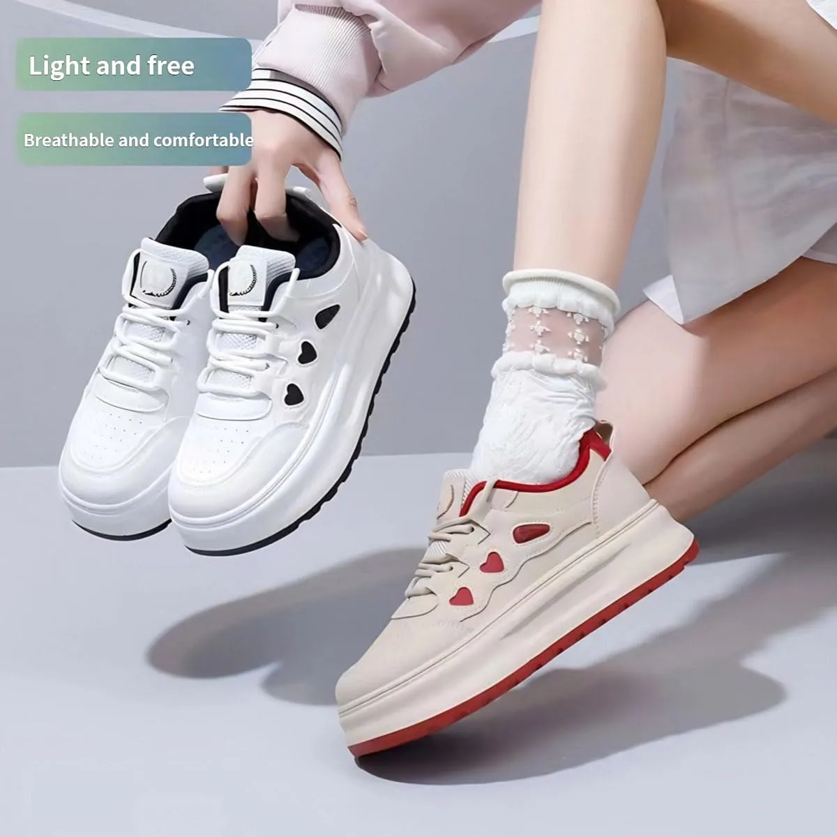 Heart Sneakers for Women & Girls Cute Platform 4cm Walking Shoes for Travel & Gift Giving