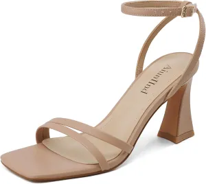 Heeled Sandals for Women Chunky Block High Heels Square Open Toe Sandals with Ankle Strap 3 Inch Dress Heels Comfortable