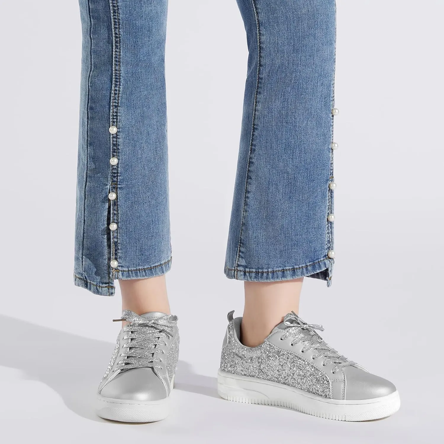 HEEZ Womens Platform Sneakers Fashion Star Tennis Shoes Lace Up Glitter Comfortable Walking Shoes