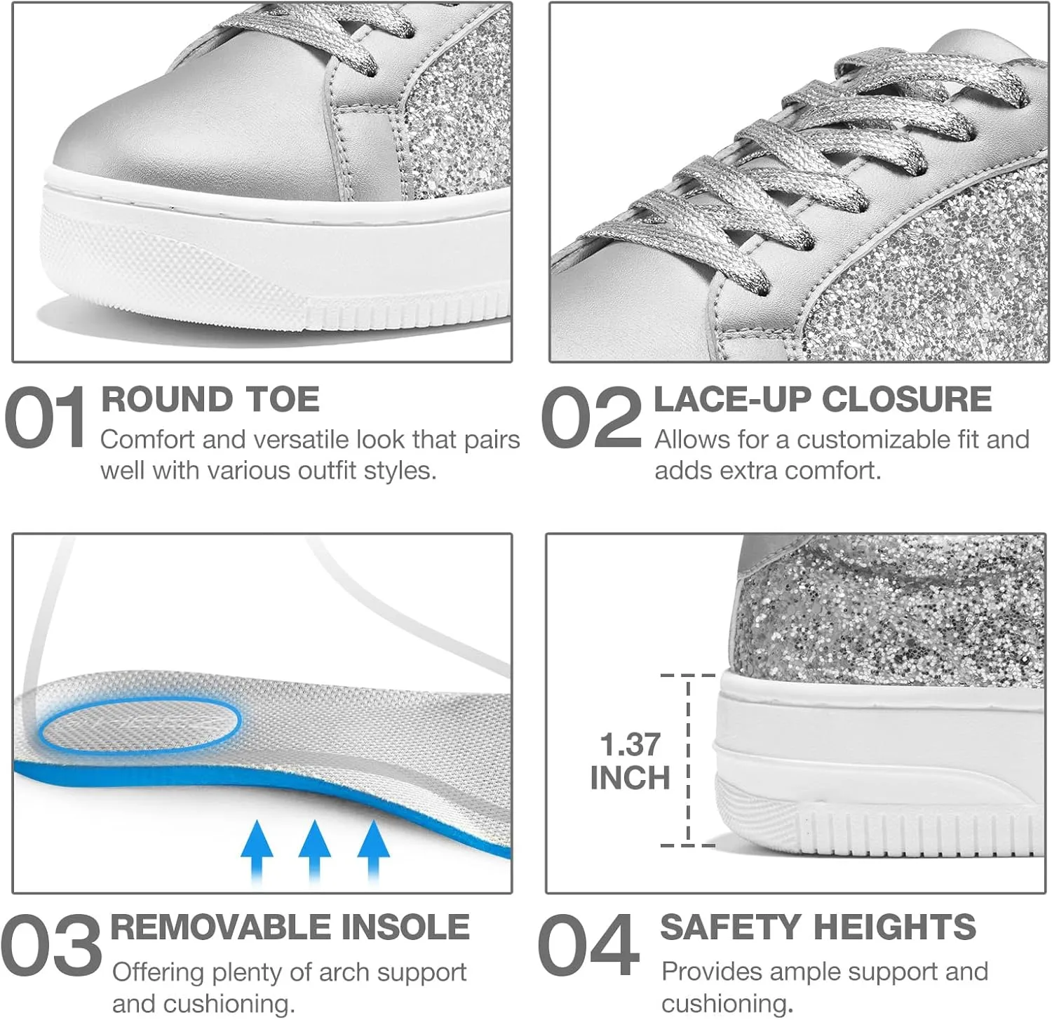 HEEZ Womens Platform Sneakers Fashion Star Tennis Shoes Lace Up Glitter Comfortable Walking Shoes