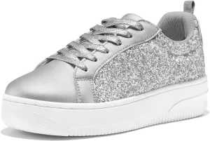 HEEZ Womens Platform Sneakers Fashion Star Tennis Shoes Lace Up Glitter Comfortable Walking Shoes