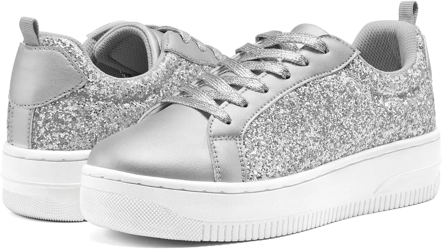 HEEZ Womens Platform Sneakers Fashion Star Tennis Shoes Lace Up Glitter Comfortable Walking Shoes