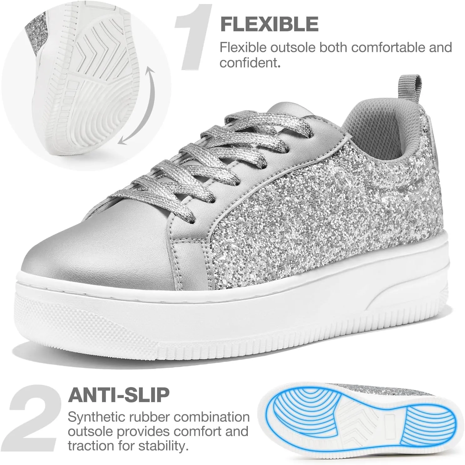 HEEZ Womens Platform Sneakers Fashion Star Tennis Shoes Lace Up Glitter Comfortable Walking Shoes