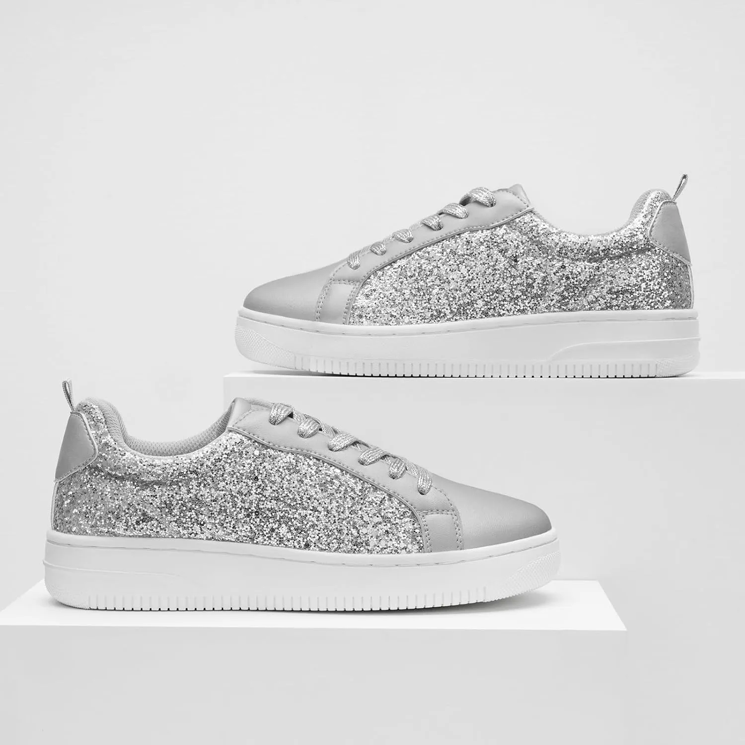HEEZ Womens Platform Sneakers Fashion Star Tennis Shoes Lace Up Glitter Comfortable Walking Shoes