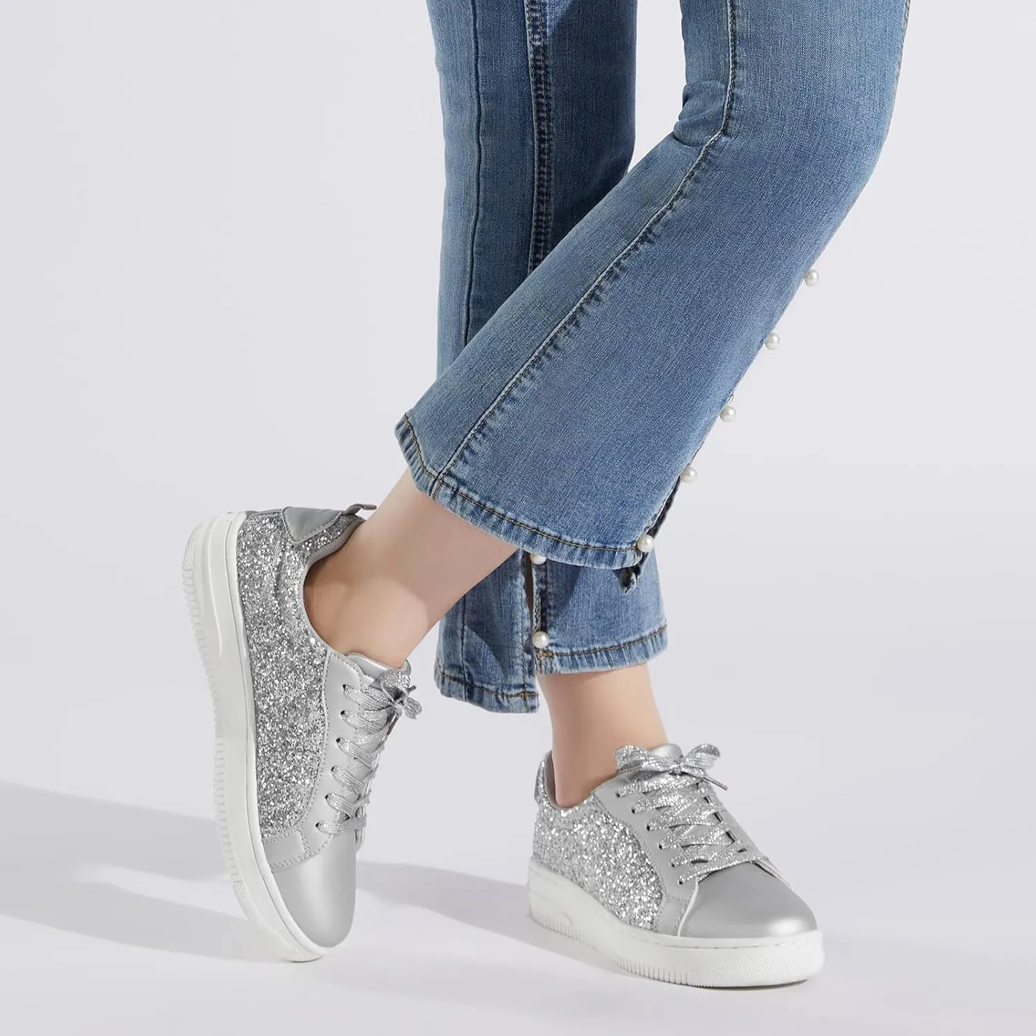 HEEZ Womens Platform Sneakers Fashion Star Tennis Shoes Lace Up Glitter Comfortable Walking Shoes