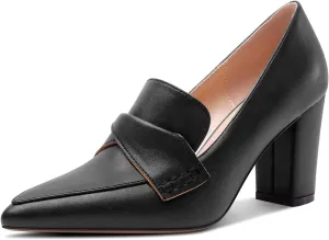 HEUIVZAR Womens Chunky Block Mid Heel Pumps Pointed Toe Slip-on Loafers Shoes Dress Office Casual 3.2 Inches Heels