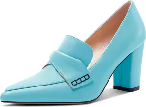 HEUIVZAR Womens Chunky Block Mid Heel Pumps Pointed Toe Slip-on Loafers Shoes Dress Office Casual 3.2 Inches Heels