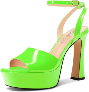 HEUIVZAR Womens Peep Open Square Toe Stiletto High Heel Ankle Strap Platform Sandals Prom Dress Shoes Patent Leather 4.7 Inches Heels