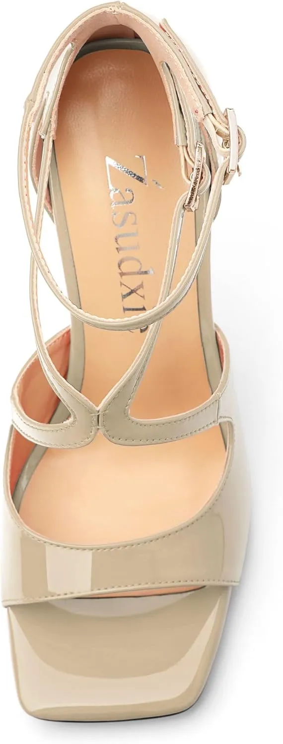 High Heels for Women, Women's Stiletto Heels Cross Strappy Square Open Toe Sexy Sandals Ankle Strap Buckle High Heels Fashion Dress Prom Sandals