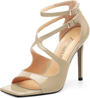 High Heels for Women, Women's Stiletto Heels Cross Strappy Square Open Toe Sexy Sandals Ankle Strap Buckle High Heels Fashion Dress Prom Sandals