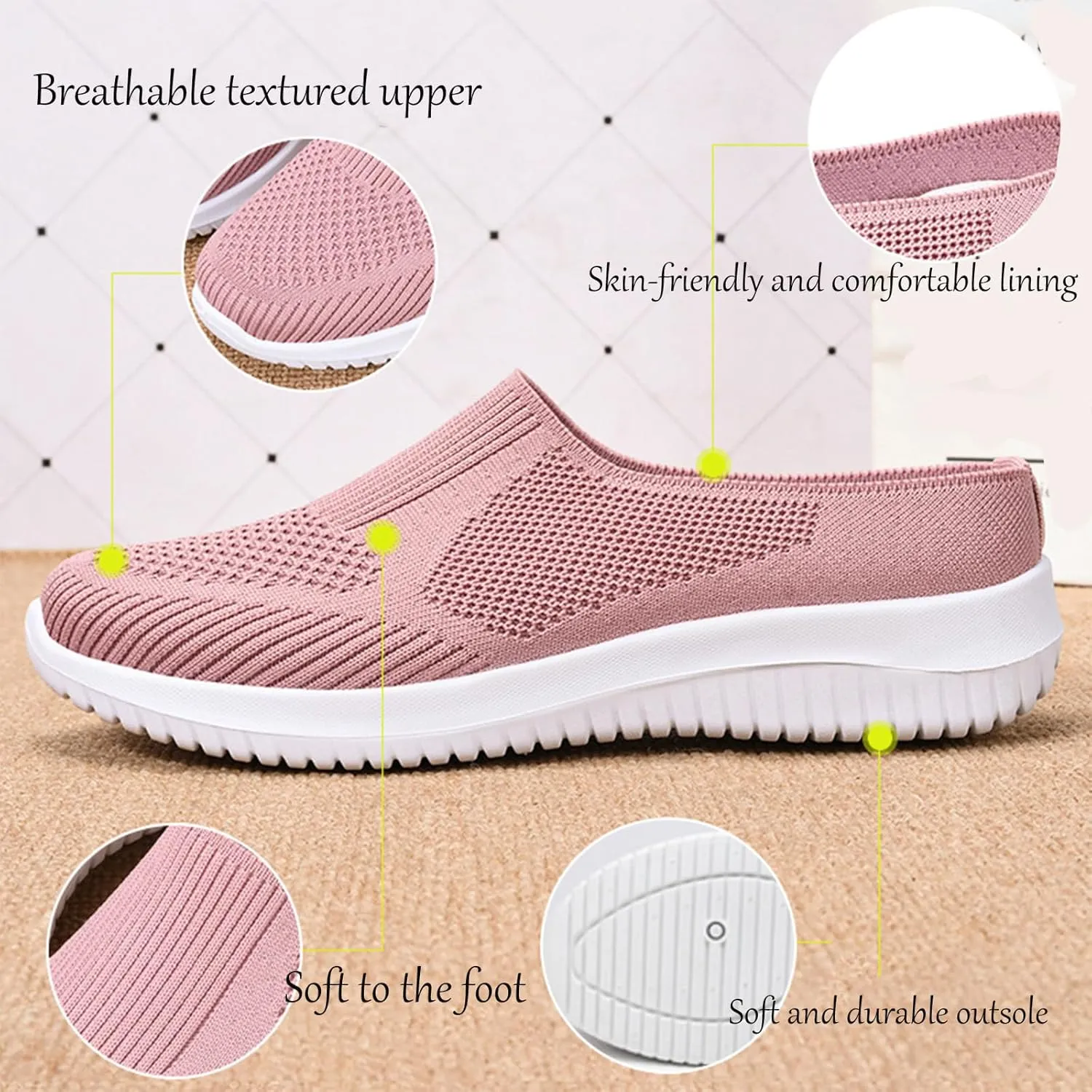 HoukiG Women's Breathable Knit Mesh Mules with Arch Support,Breathable Knitted Mesh Soft Comfortable Round Toe Mules