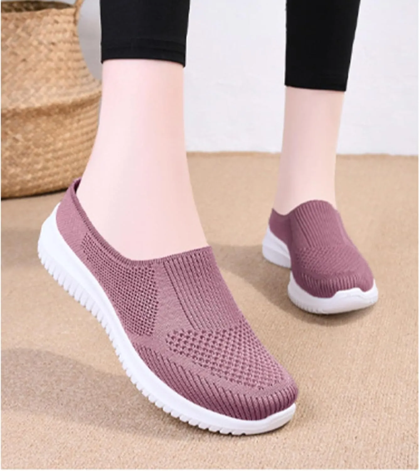 HoukiG Women's Breathable Knit Mesh Mules with Arch Support,Breathable Knitted Mesh Soft Comfortable Round Toe Mules