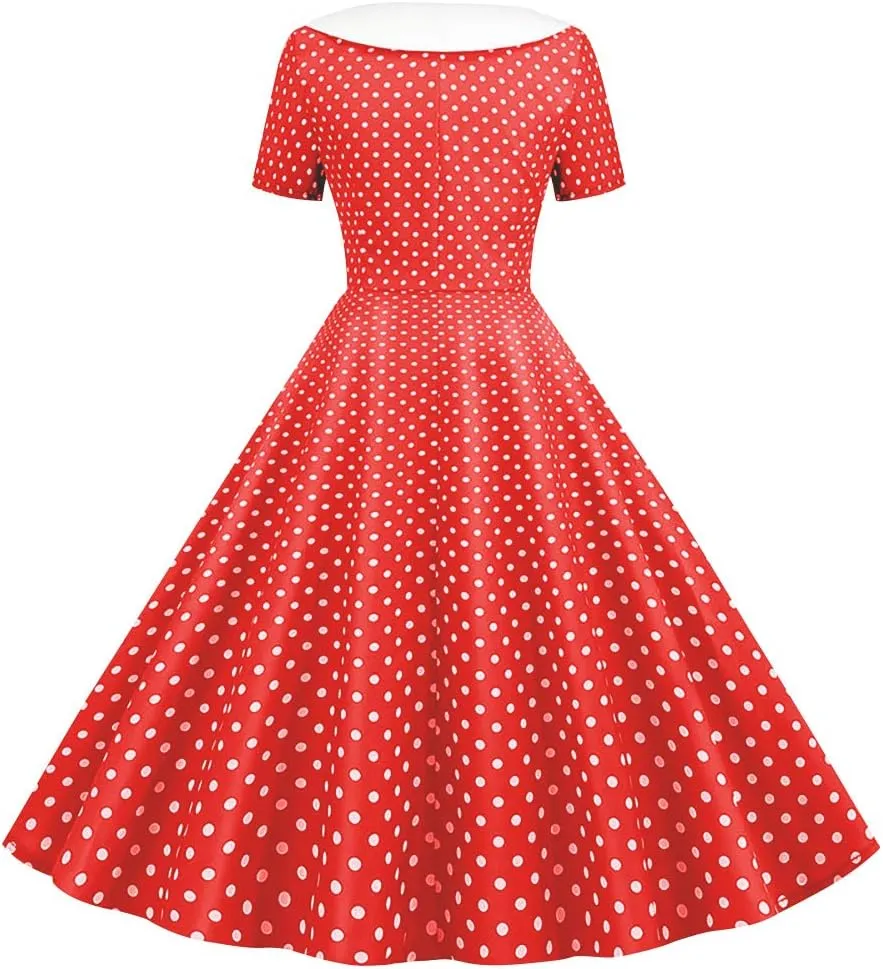 IKADEX Women 50s 60s Retro Rockabilly Swing Sailor Dress Polka Dot Lapel V-Neck Cocktail Party Tea Dresses