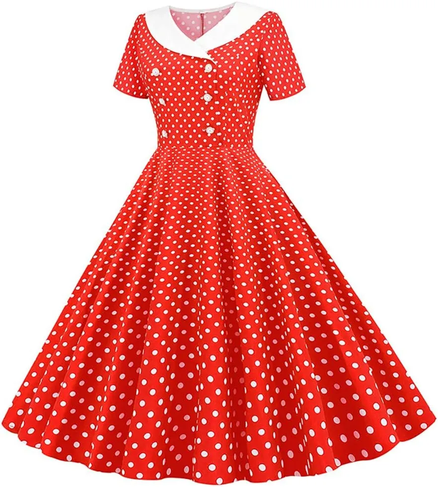 IKADEX Women 50s 60s Retro Rockabilly Swing Sailor Dress Polka Dot Lapel V-Neck Cocktail Party Tea Dresses