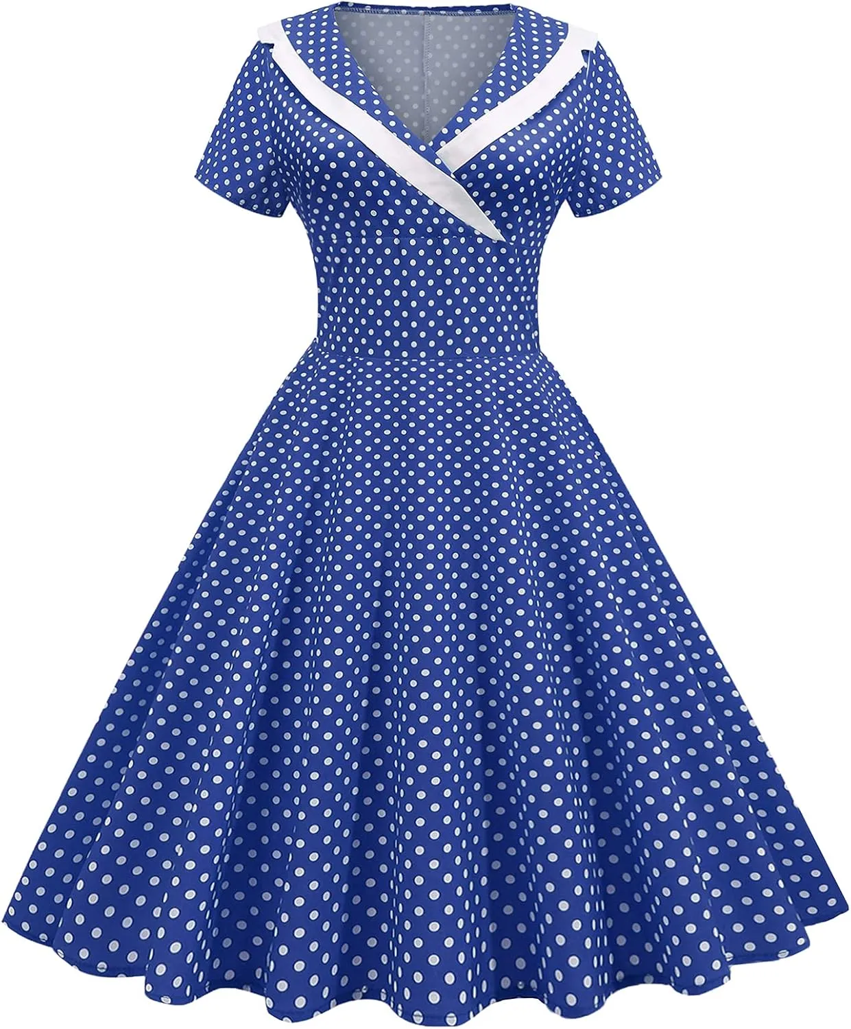 IKADEX Women 50s 60s Retro Rockabilly Swing Sailor Dress Polka Dot Lapel V-Neck Cocktail Party Tea Dresses
