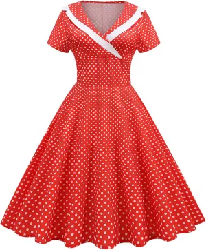IKADEX Women 50s 60s Retro Rockabilly Swing Sailor Dress Polka Dot Lapel V-Neck Cocktail Party Tea Dresses