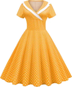 IKADEX Women 50s 60s Retro Rockabilly Swing Sailor Dress Polka Dot Lapel V-Neck Cocktail Party Tea Dresses