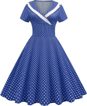 IKADEX Women 50s 60s Retro Rockabilly Swing Sailor Dress Polka Dot Lapel V-Neck Cocktail Party Tea Dresses