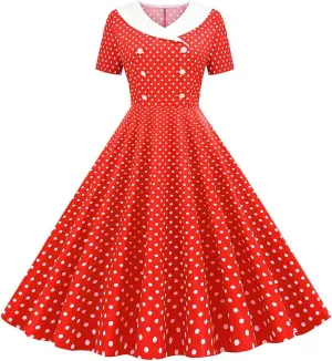 IKADEX Women 50s 60s Retro Rockabilly Swing Sailor Dress Polka Dot Lapel V-Neck Cocktail Party Tea Dresses