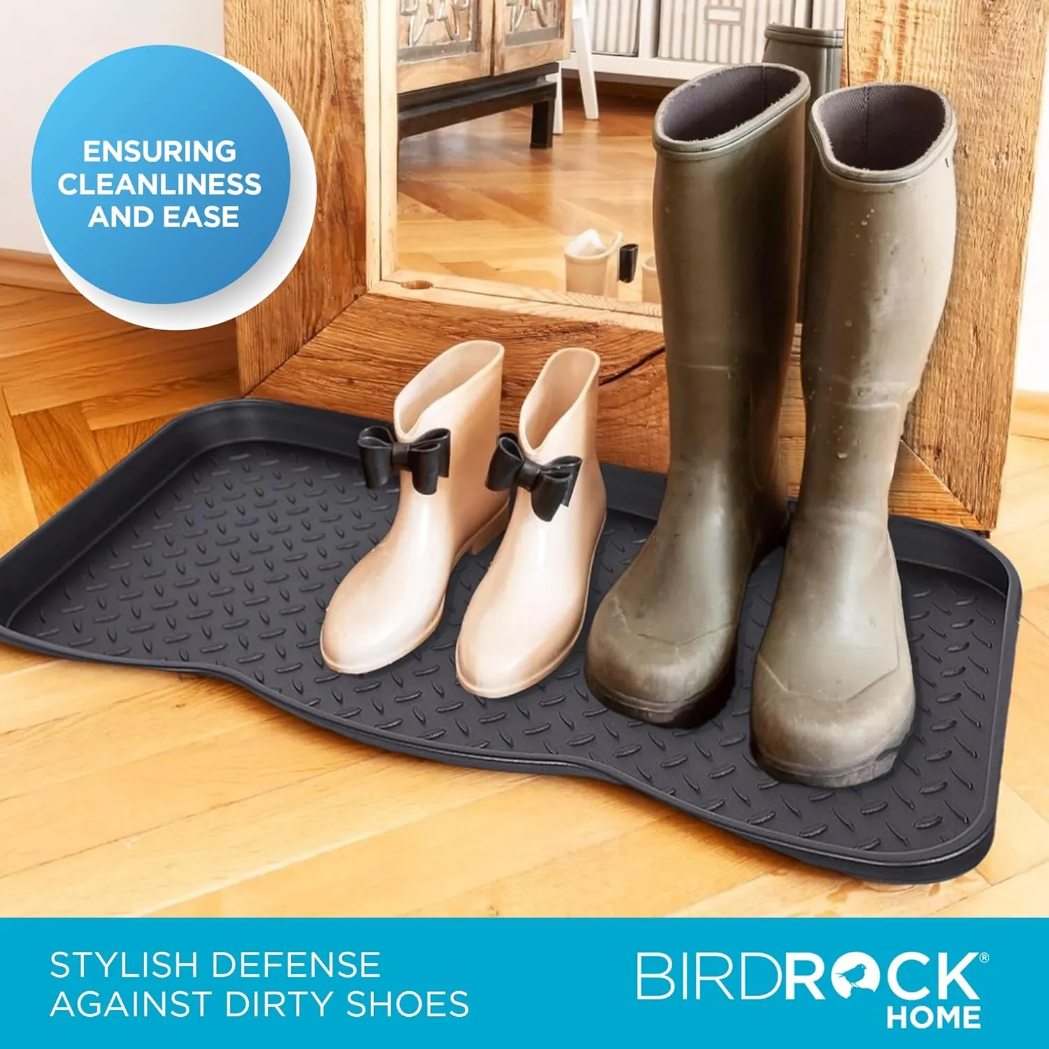 INTERNET'S BEST Waterproof Multi-Purpose Plastic Shoe Tray Boot Mat for Entryway, Dorm Room, Indoor Outdoor, Large Mud Pan, Utility Mat, Weather Resistant Floor Tray, 2 Pack - 30x15 - Midnight Black