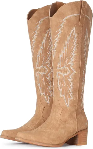 IUV Cowboy Boots for Women Knee High Western Pointy Toe Chunky Heel Zipper Cowgirl Boots for Country Concert