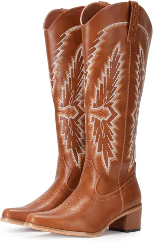 IUV Cowboy Boots for Women Knee High Western Pointy Toe Chunky Heel Zipper Cowgirl Boots for Country Concert
