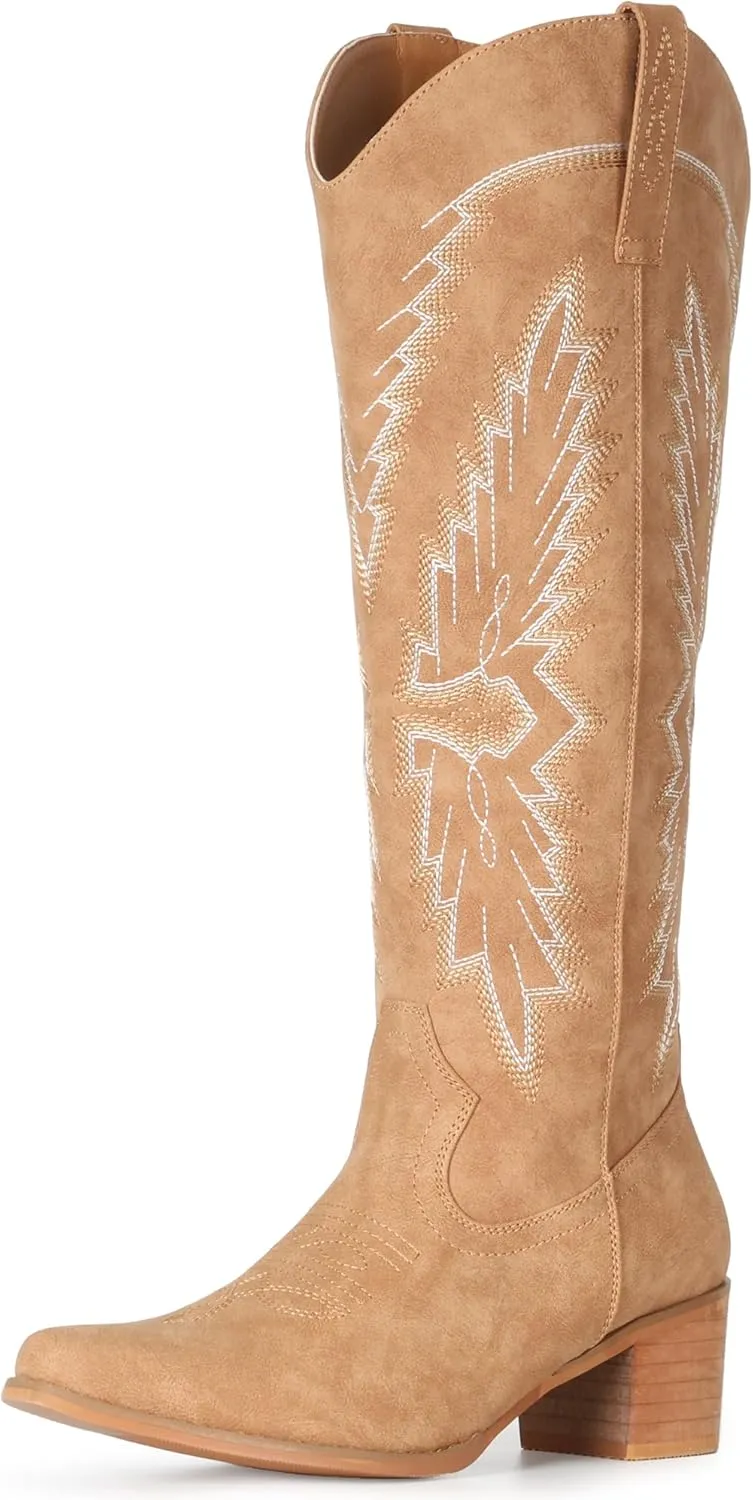 IUV Cowboy Boots for Women Knee High Western Pointy Toe Chunky Heel Zipper Cowgirl Boots for Country Concert