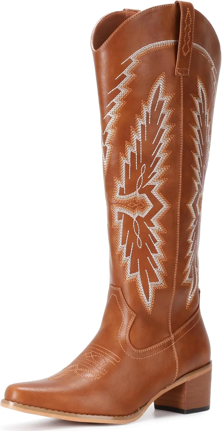 IUV Cowboy Boots for Women Knee High Western Pointy Toe Chunky Heel Zipper Cowgirl Boots for Country Concert