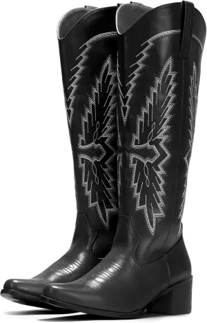 IUV Cowboy Boots for Women Knee High Western Pointy Toe Chunky Heel Zipper Cowgirl Boots for Country Concert